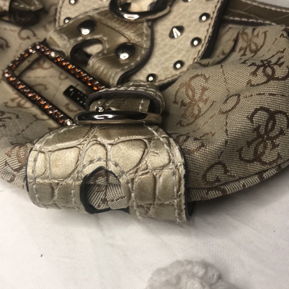 GUESS 1992 Vintage tan/silver and bronze rhinestone/snakeskin mini handbag. - Picture 5 of 12